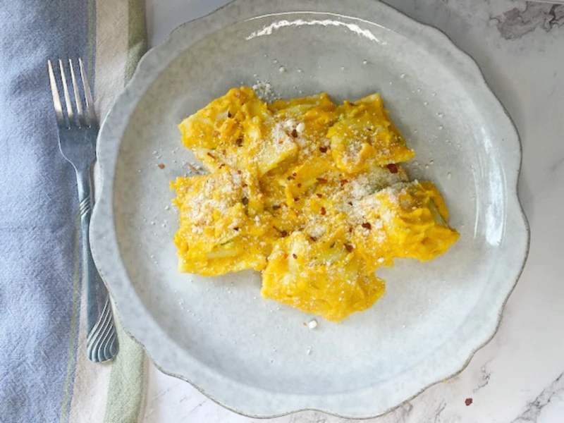 creamy butternut squash sauce with ravioli