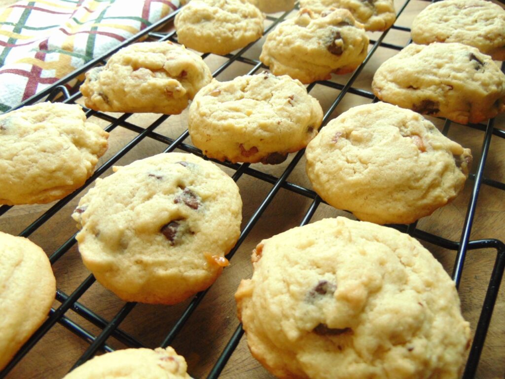 pecan chocolate chip cookies with caramel