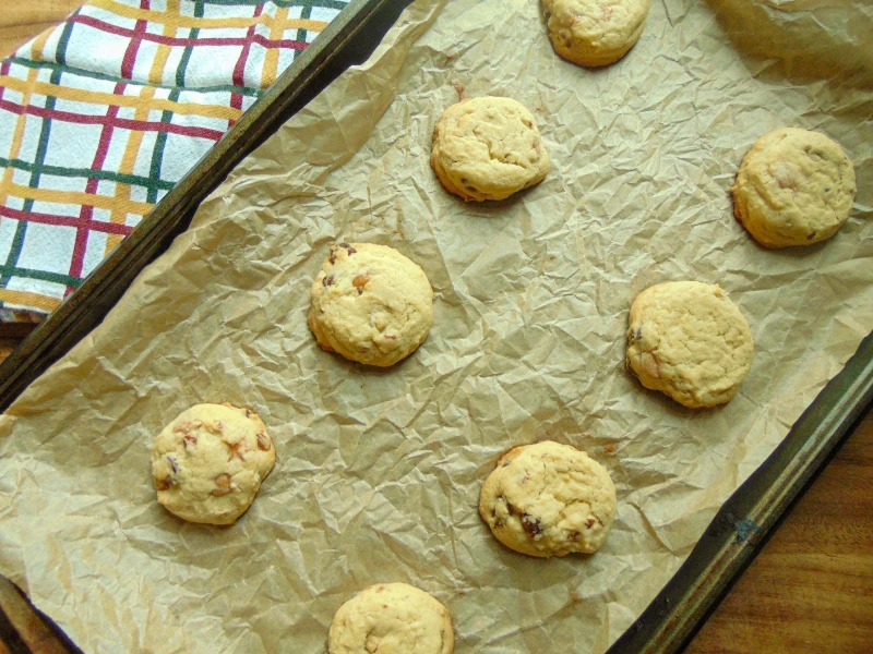 pecan chocolate chip cookies with caramel fresh from the oven