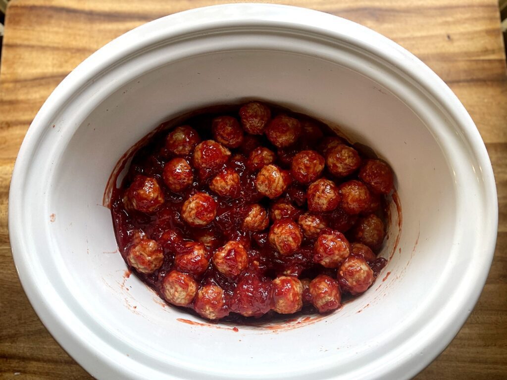 crockpot with cranberry chili meatballs
