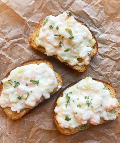 shrimp Rangoon toast on garlicy baguette