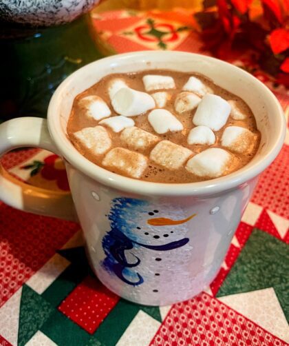 Warm cocoa topped with marshmallows.