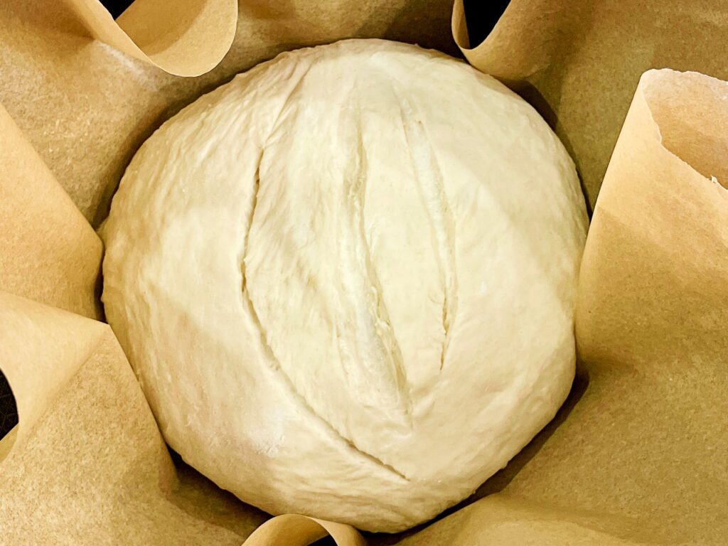Dutch oven bread dough ready for oven
