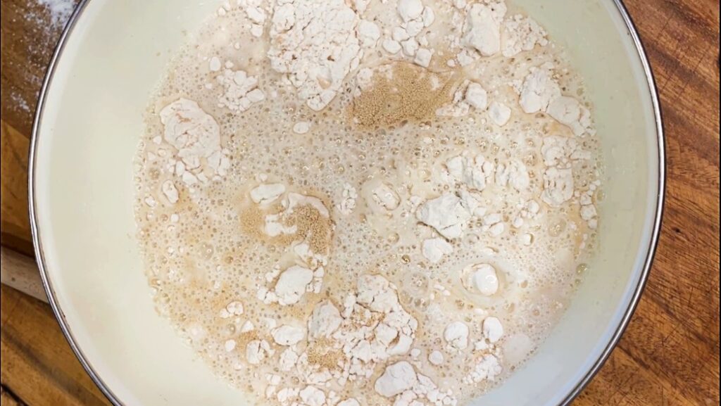Mixing flour and water for dough
