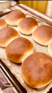 Freshly baked golden hamburger buns