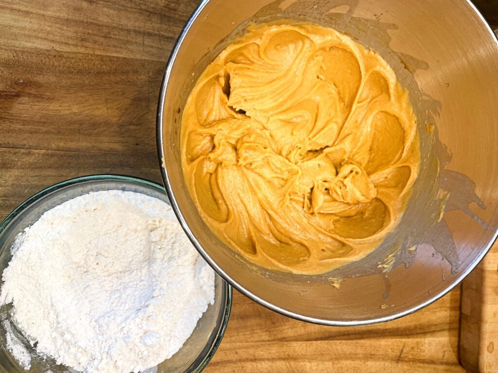 Peanut butter mixture and flour bowl