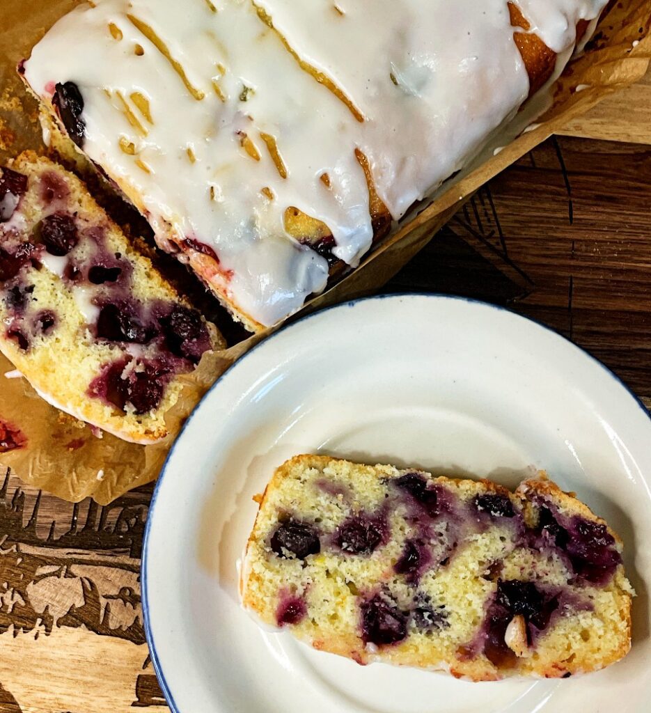 lemon blueberry loaf on a plate