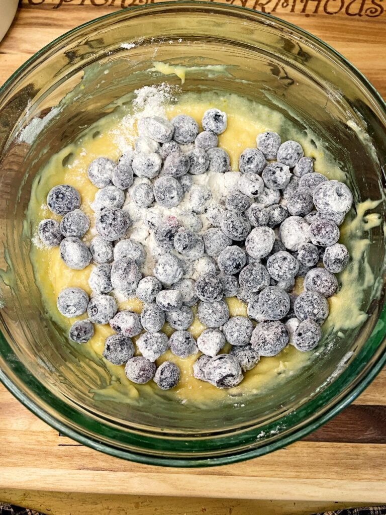 blueberries ready to be folded into batter for lemon blueberry loaf