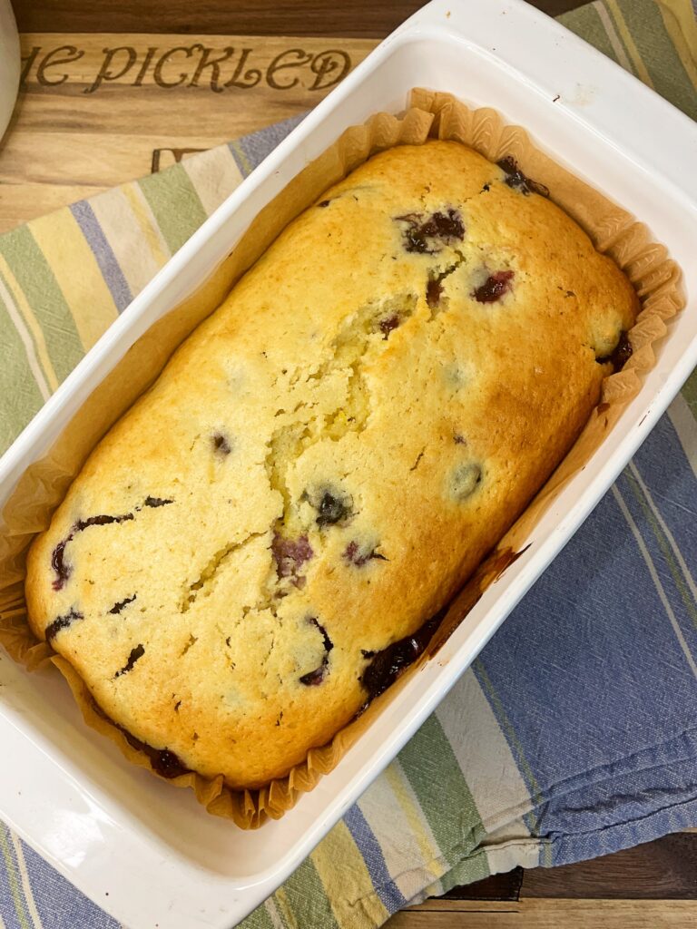 lemon blueberry loaf fresh from the oven